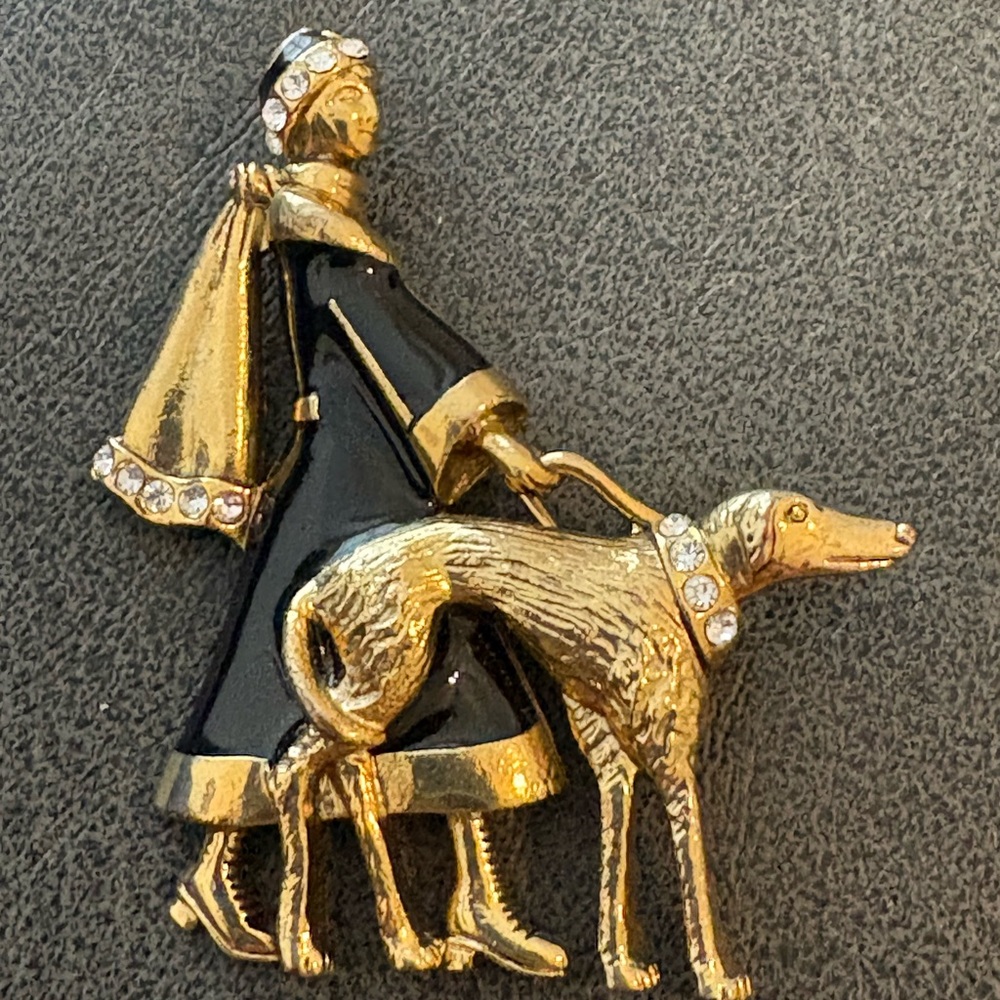 Gold Tone Black Enamel Brooch with Lady Walking Dog
